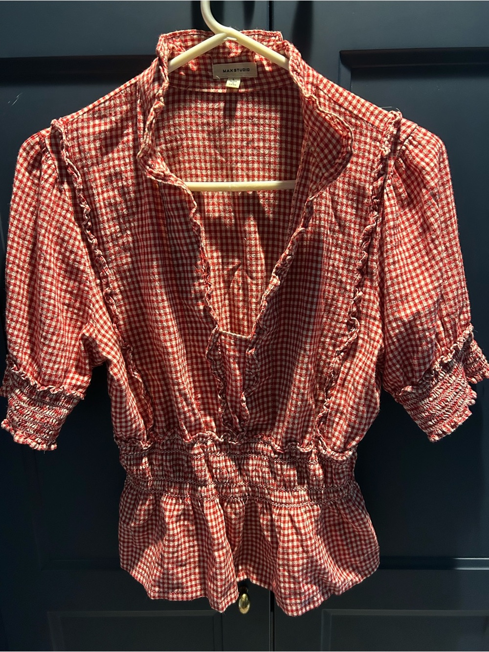 Max Studio Red Gingham Ruffle V-Neck Smocked Peplum Blouse